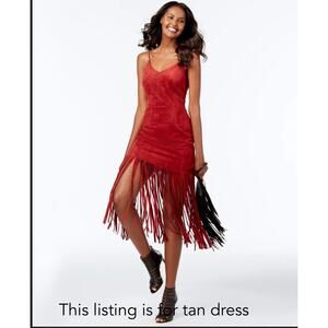 VAKKO Women's boho Faux Suede Fringe Sheath tan Dress size small